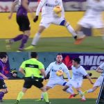 Il frammento di Fiorentina-Inter, il fallo da rigore contestato.