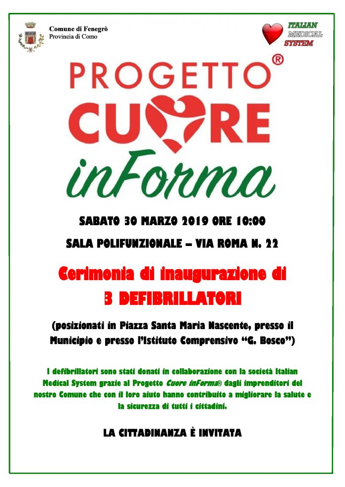 Locandina: inaugurazione defibrillatori Cuore inForma