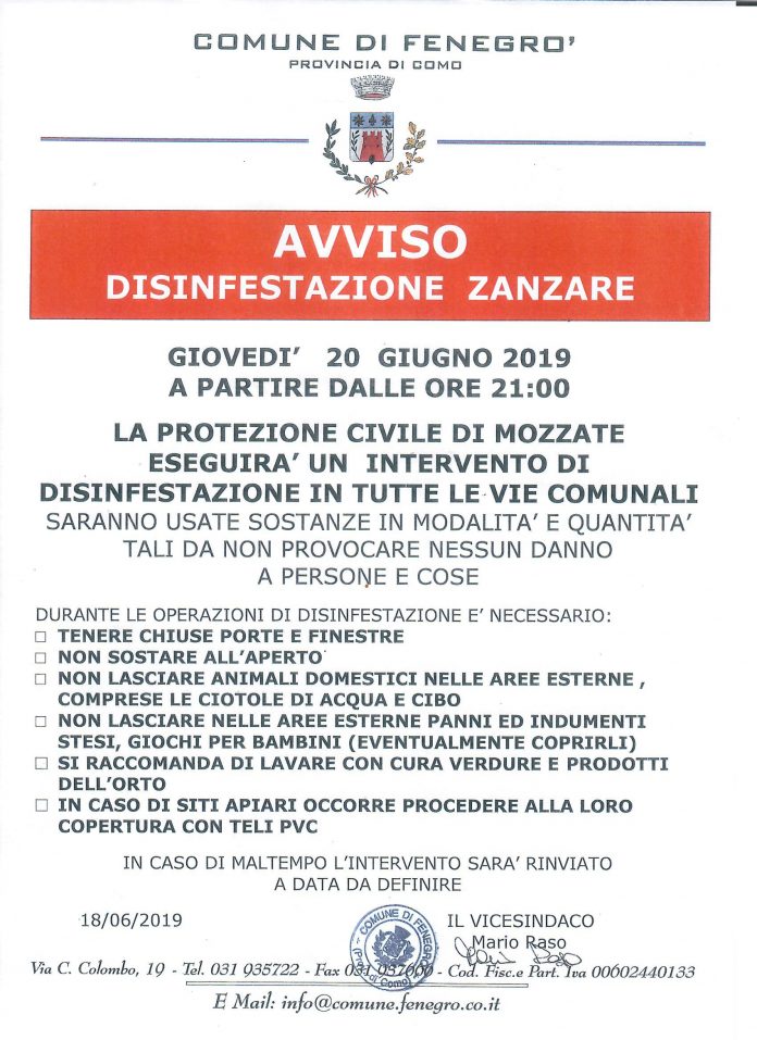 Avviso disinfestazione zanzare