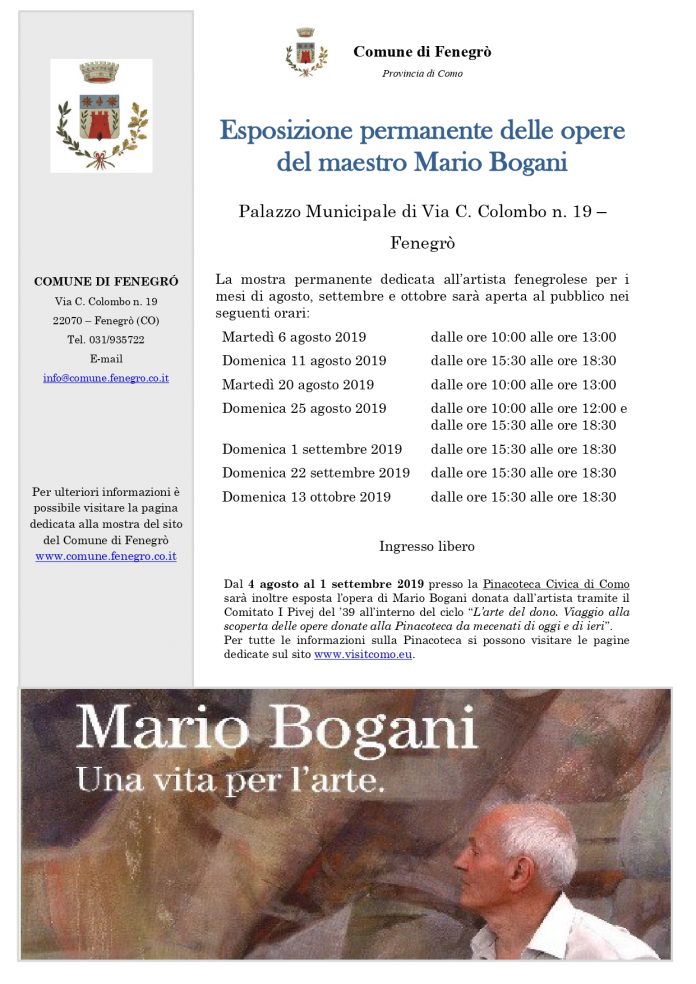 Locandina con gli orari di apertura dell'esposizione permanente delle opere di Mario Bogani a Fenegrò