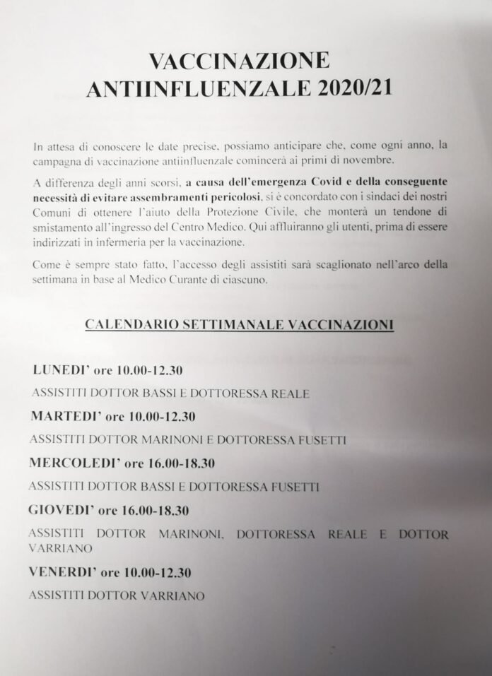 Vaccinazione antinfluenzale stagione 2020/2021: il calendario settimanale.