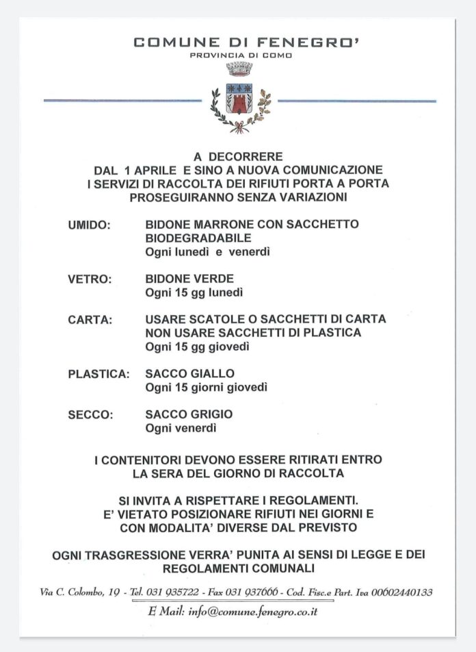 Locandina, servizi raccolta rifiuti porta a porta