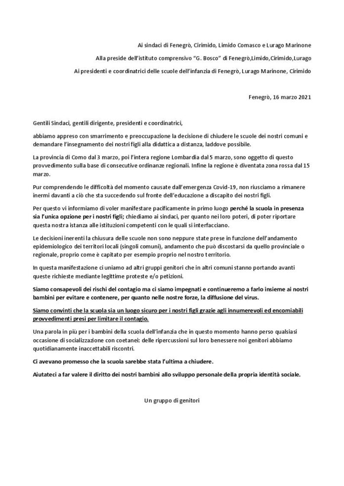 Rete Nazionale "Scuola in Presenza": la lettera ai Sindaci e ai dirigenti scolastici.