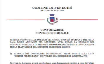 Fenegrò: un Consiglio Comunale per far entrare un nuovo consigliere di minoranza Convocazione del Consiglio Comunale il 10 giugno 2021.