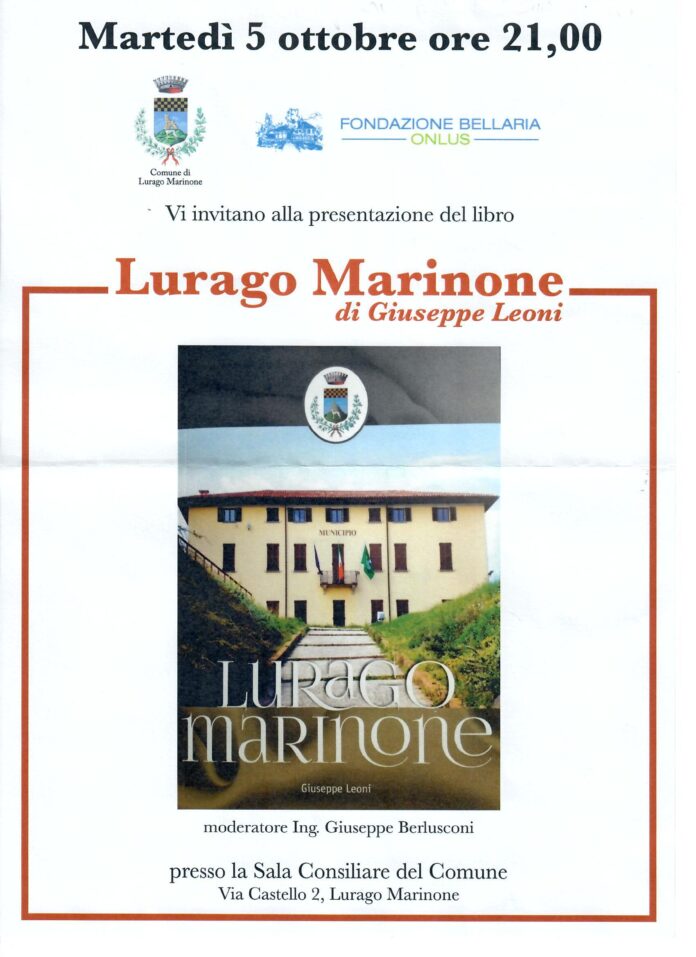 2021_10_05_Lurago_Marinone Locandina di invito alla presentazione del libro "Lurago Marinone", di Giuseppe Leoni.