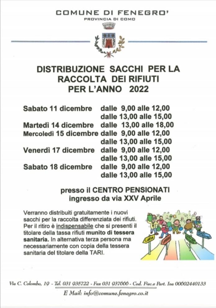 Locandina, distribuzione dei sacchi per la raccolta dei rifiuti.