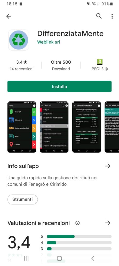 Schermata della app "Differenziatamente", come si presenta nel Play Store