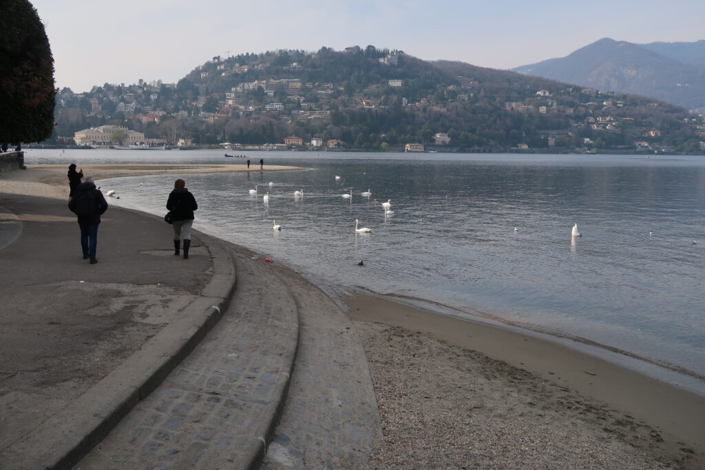 (Como. In primo piano, la piccola spiaggia del Tempio Voltiano. In secondo piano, da sinistra verso il centro, la spiaggia del Cosia. In fondo, a sinistra, villa Olmo; al centro, la collina di Cardina. Fotografia © di Susanna Pagani).
