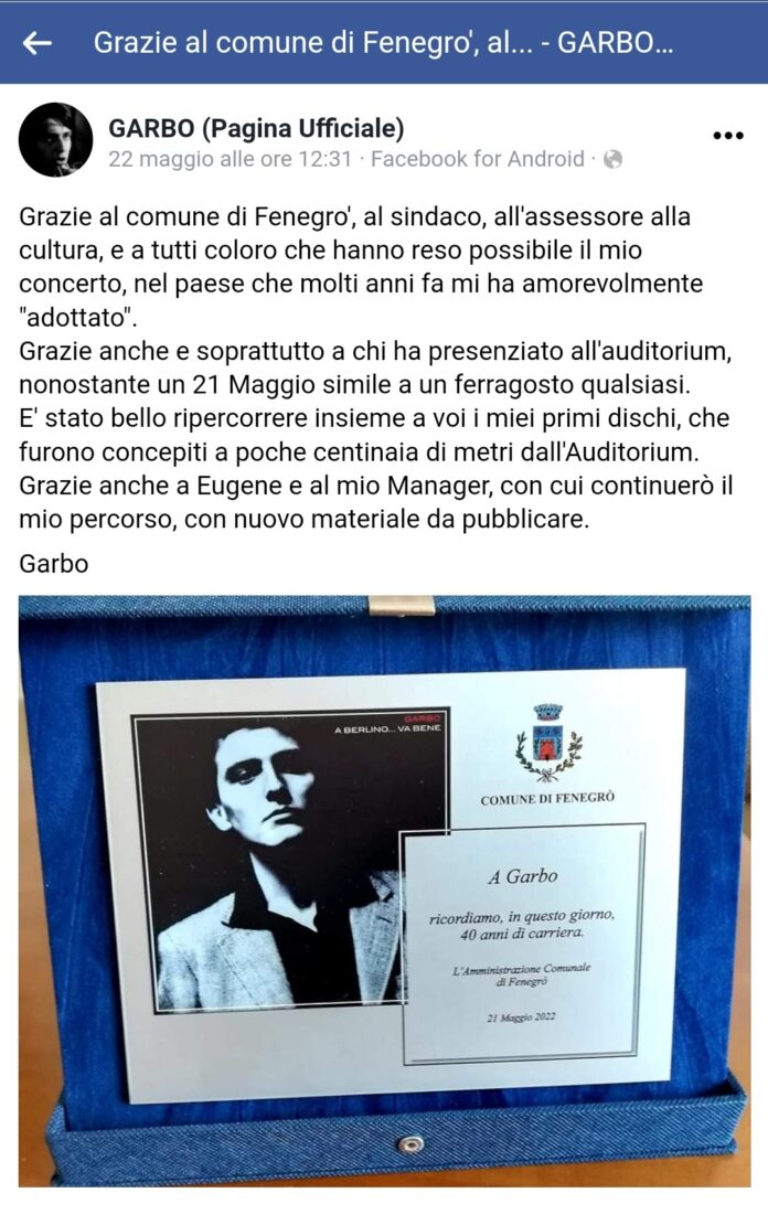 Screenshot_20220526-162946_Samsung Internet Scansione tratta dalla pagina ufficiale di Garbo. Nella foto, la targa donata al celebre cantautore dall'Amministrazione Comunale di Fenegrò.