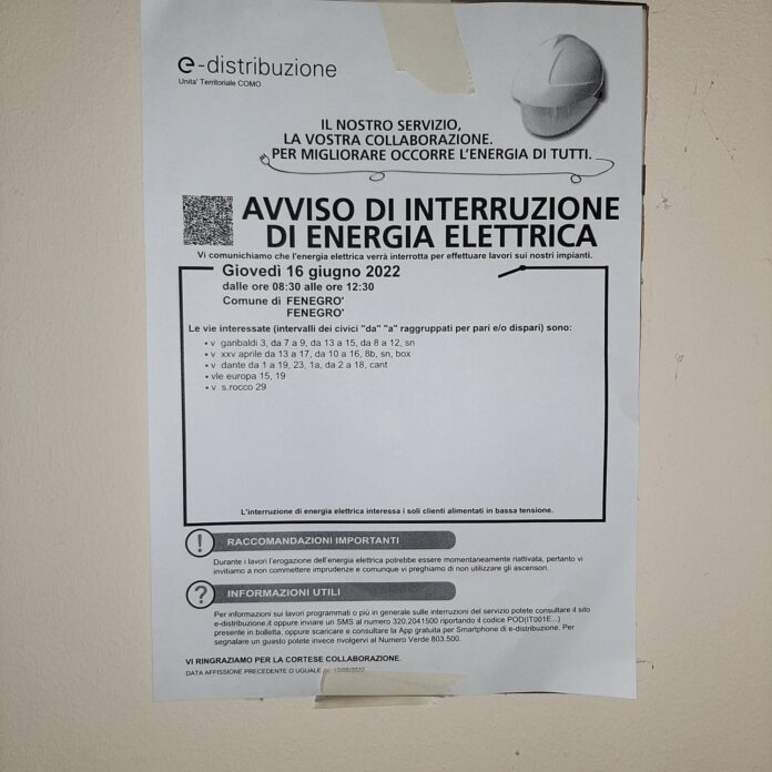Avviso di interruzione di energia elettrica.