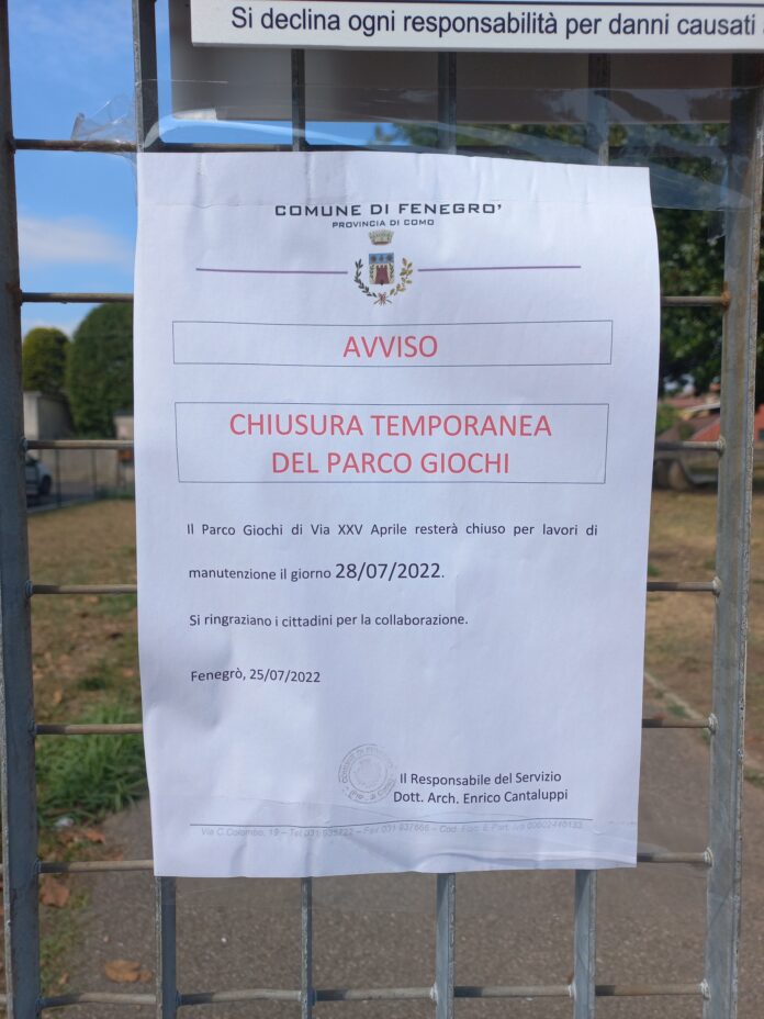 20220728_113713 Fenegrò, chiusura temporanea del parco giochi.