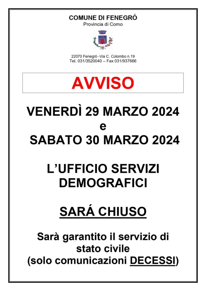 IMG-20240320-WA0000 Comune di Fenegrò - Avviso di chiusura dei servizi demografici.