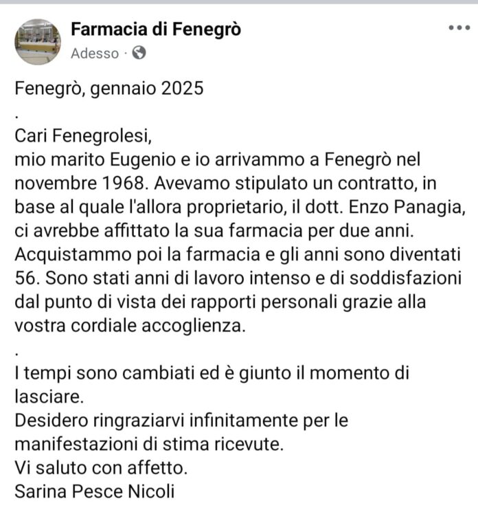 La dottoressa Sarina Pesce Nicoli prende congedo dai suoi clienti.